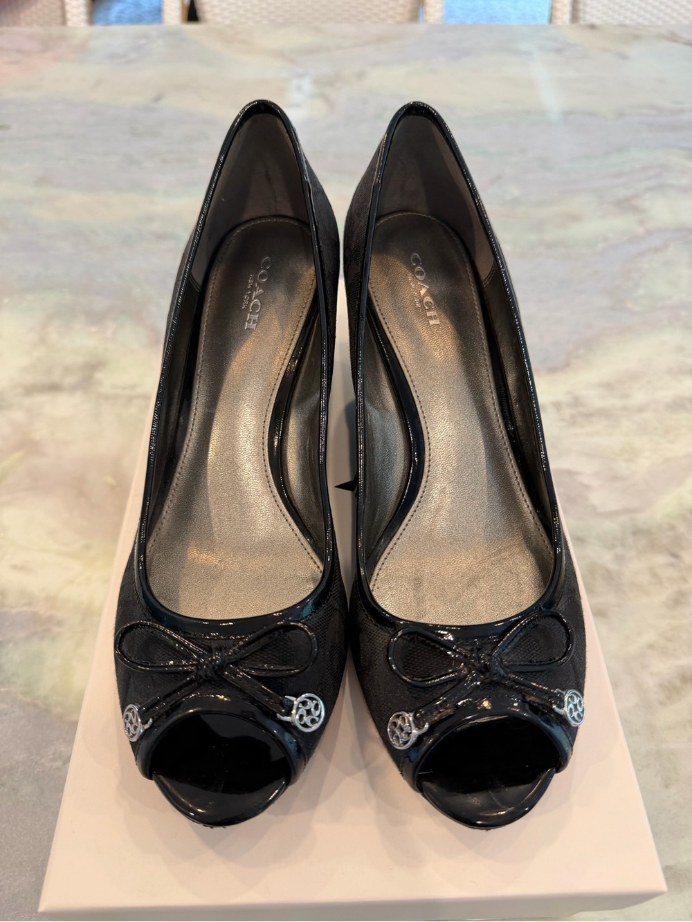 COACH Black Patent Edging Peep-Toe Heels with Bow and Canvas Logo Accents